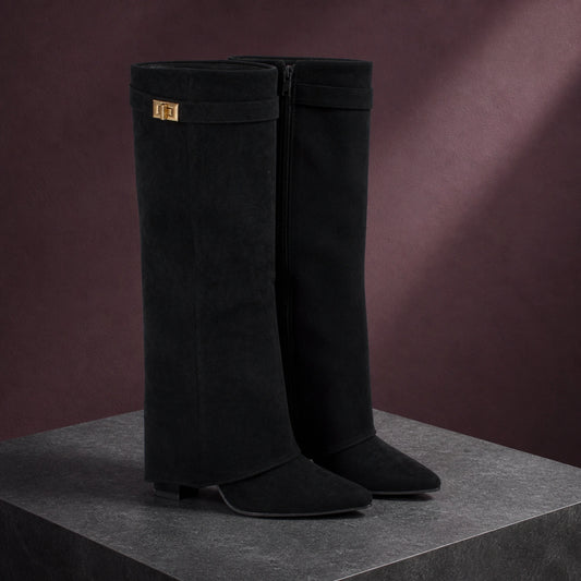 ankle boots — Black fold over suede knee high boots complete pair front view