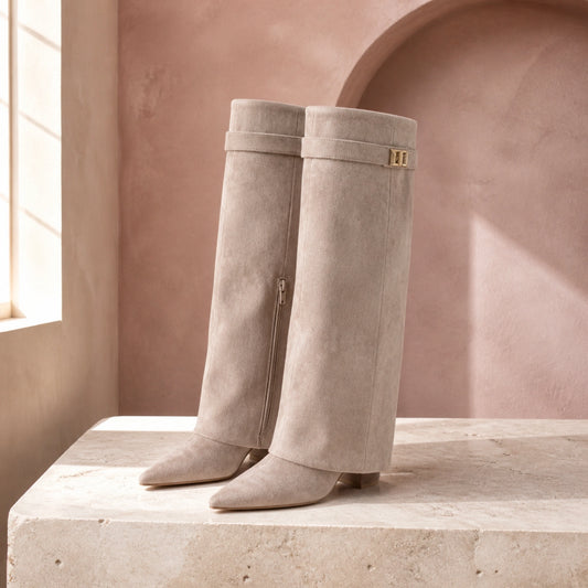 ankle boots — Taupe fold over suede knee high boots complete pair front view — view 2