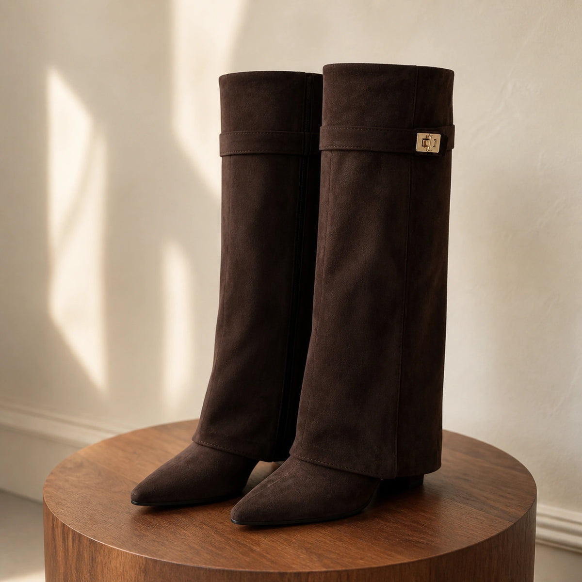ankle boots — Dark brown fold over suede knee high boots complete pair front view — view 3