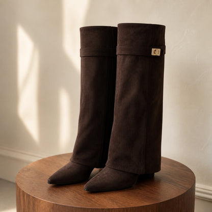 ankle boots — Dark brown fold over suede knee high boots complete pair front view — view 3