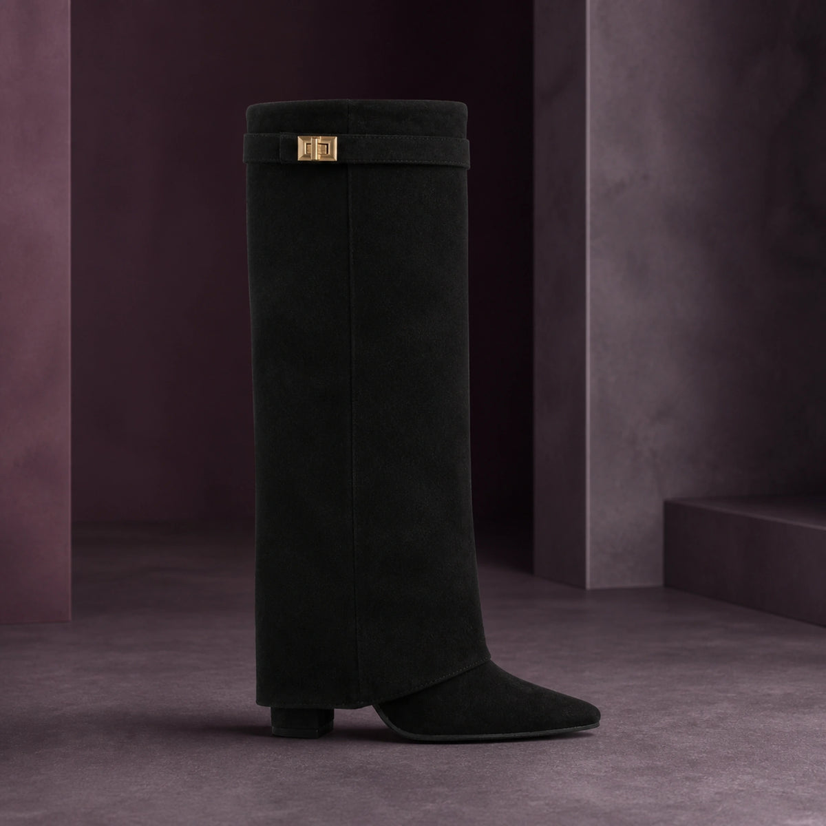 ankle boots — Black fold over knee high boot true side profile — view 4