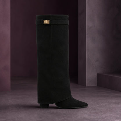 ankle boots — Black fold over knee high boot true side profile — view 4
