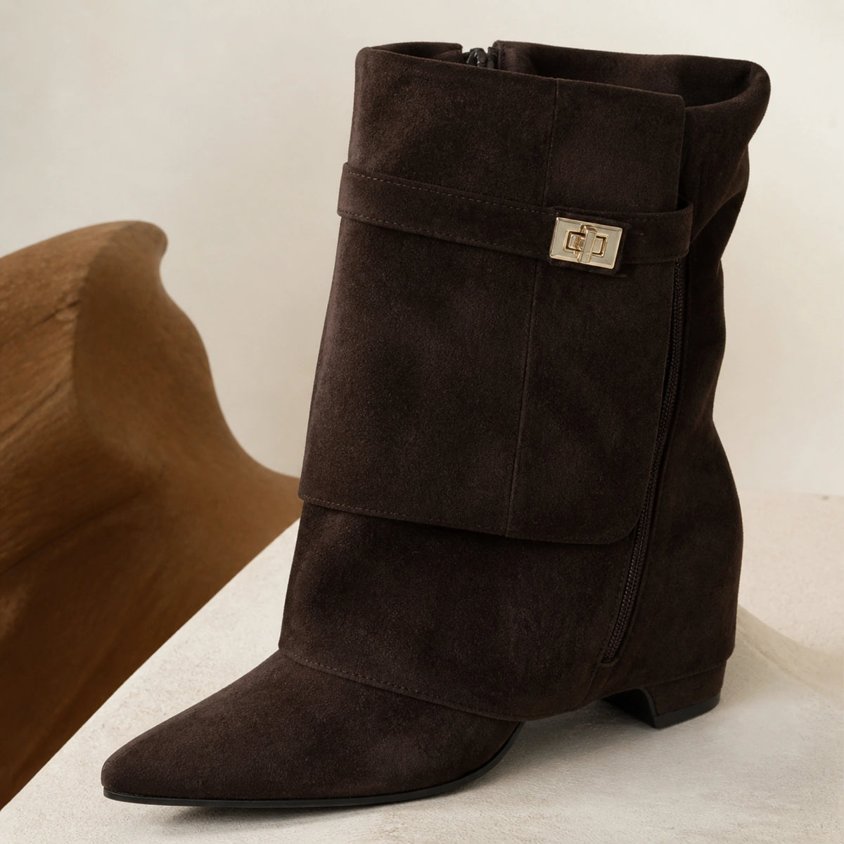 ankle boots — Dark brown suede boot cuff, zipper and gold tone accent detail — view 6
