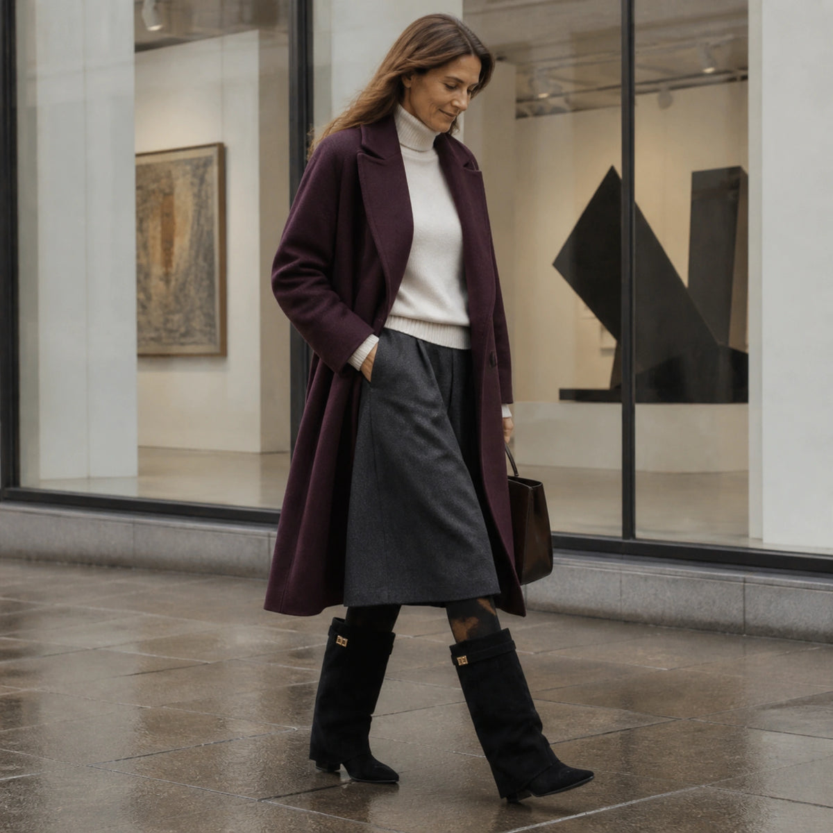 ankle boots — Mature woman wearing black fold over knee high boots outside an art gallery — view 7