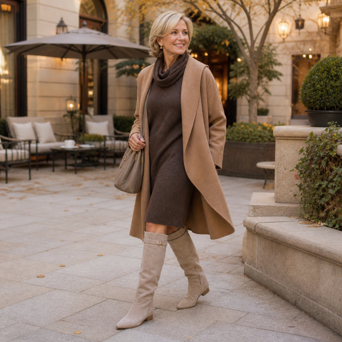 ankle boots — Mature woman wearing taupe fold over knee high boots in a garden hotel courtyard — view 8