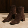 Dark brown square toe suede block heel ankle boots complete pair front view
