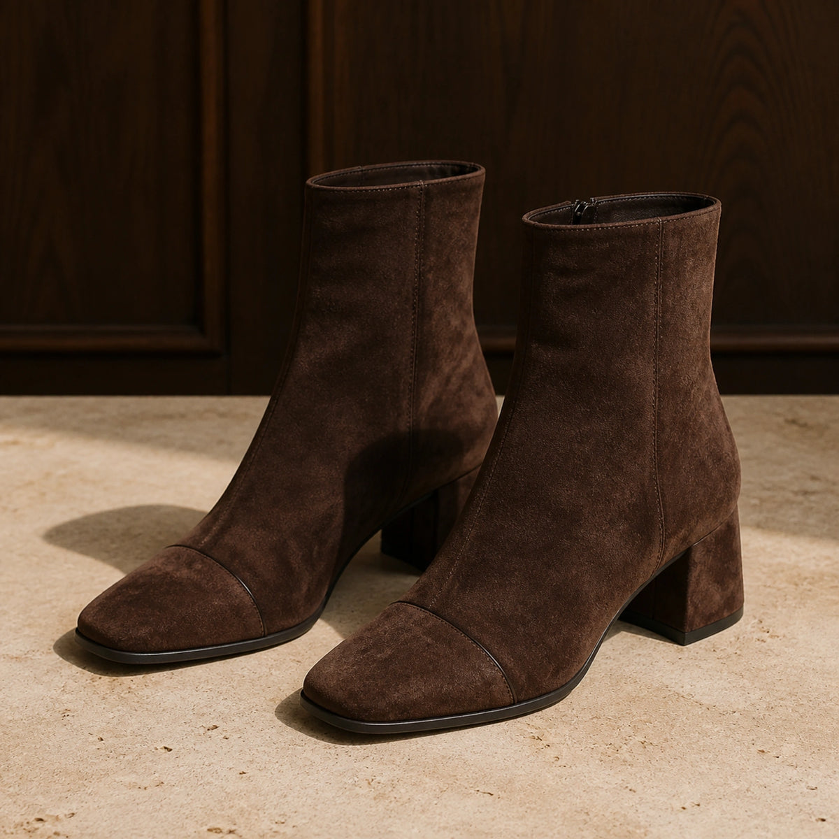 Dark brown square toe suede block heel ankle boots complete pair front view