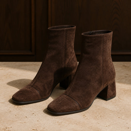 Dark brown square toe suede block heel ankle boots complete pair front view