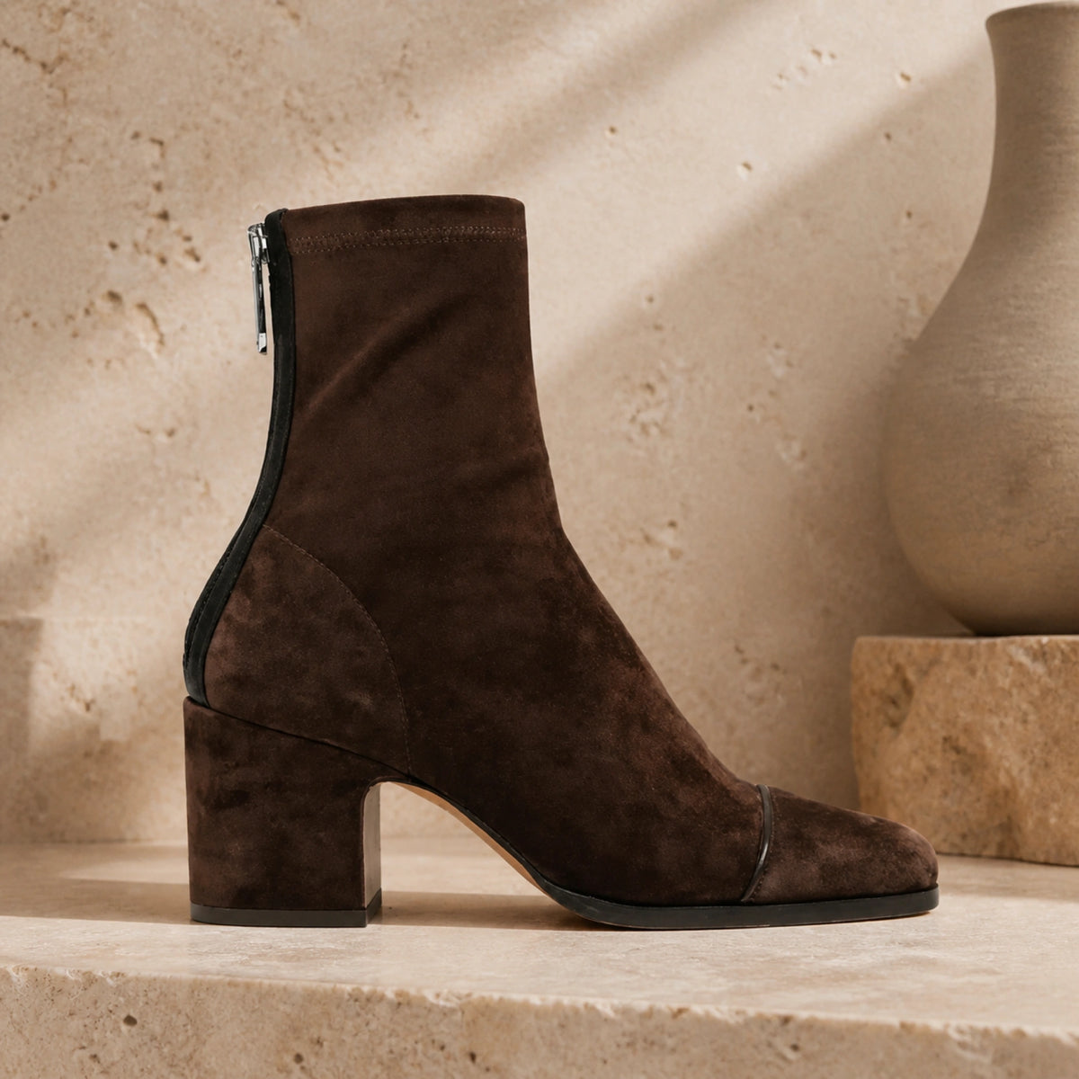 ankle boots — Dark brown square toe suede ankle boot true side profile — view 2