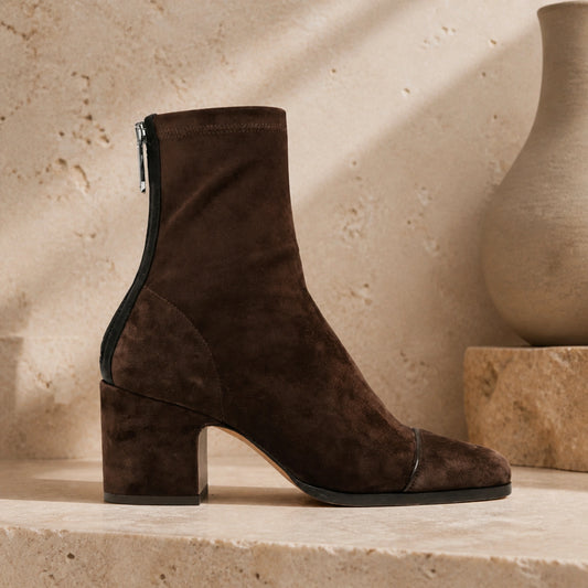ankle boots — Dark brown square toe suede ankle boot true side profile — view 2