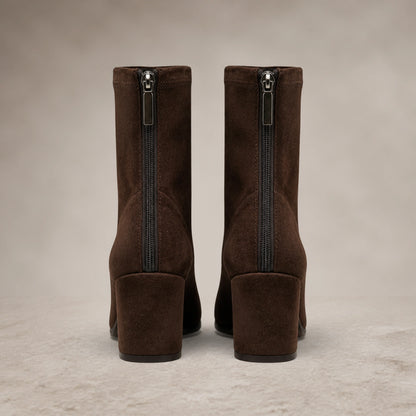 Dark brown suede block heel ankle boots direct rear zipper view — view 3