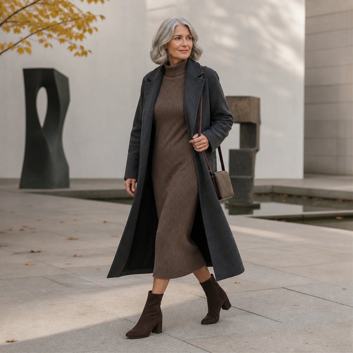 Mature woman wearing dark brown heeled ankle boots in a gallery courtyard — view 6