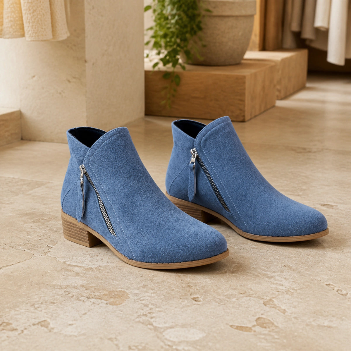 Dusty blue suede low heel diagonal zip ankle boots complete pair front view