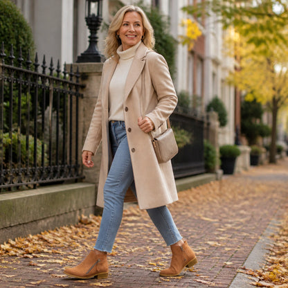 Mature woman wearing camel suede zip ankle boots on an autumn street — view 10