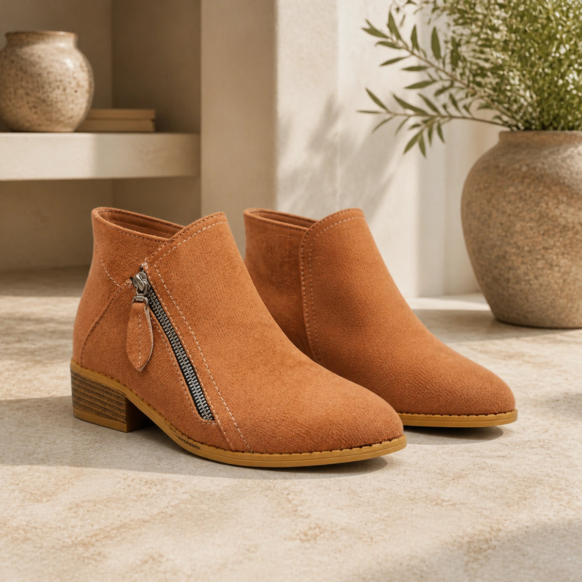 Camel suede low heel diagonal zip ankle boots complete pair front view — view 4