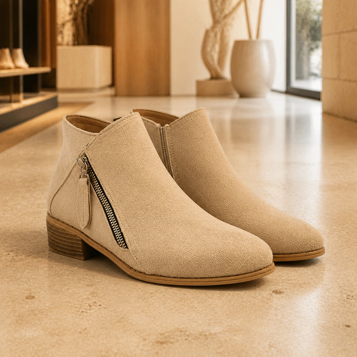 Sand beige suede low heel diagonal zip ankle boots complete pair front view — view 5