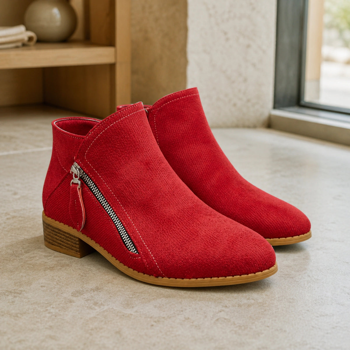 Crimson suede low heel diagonal zip ankle boots complete pair front view — view 6