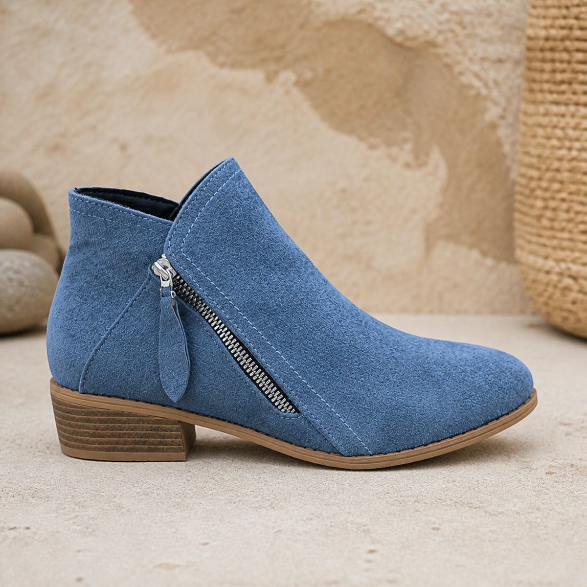 ankle boots — Dusty blue suede diagonal zip ankle boot true outer side profile — view 7