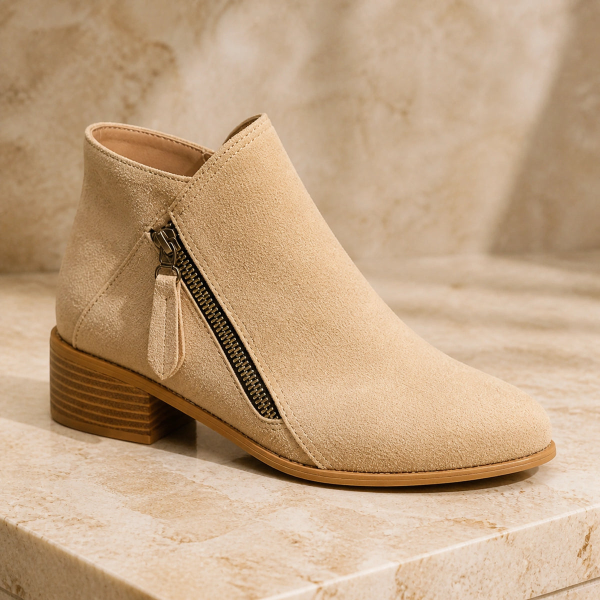 ankle boots — Sand beige suede ankle boot zipper stitching and heel detail — view 9