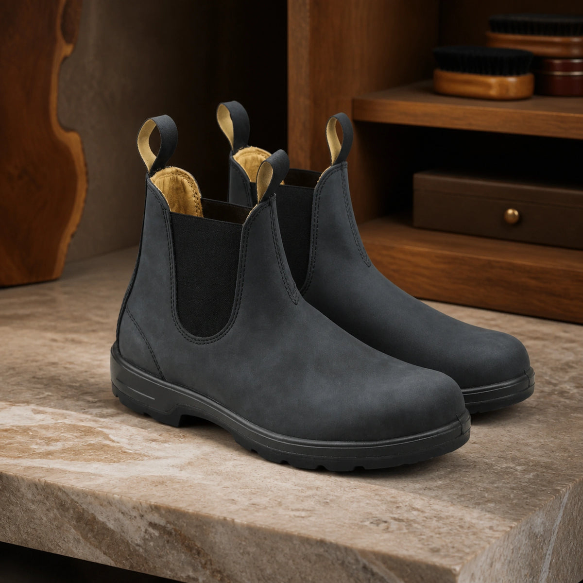 ankle boots — Slate gray rugged Chelsea boots complete pair front view