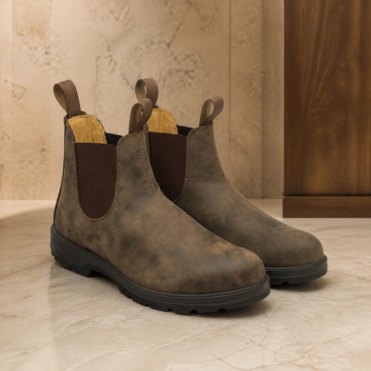 ankle boots — Distressed brown rugged Chelsea boots complete pair front view — view 3