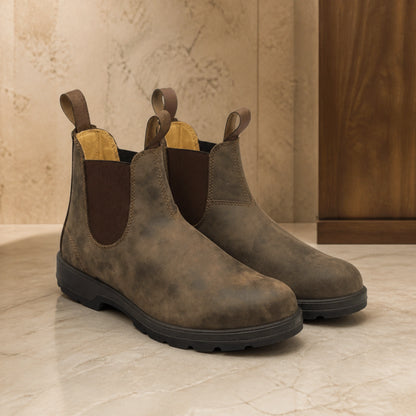 ankle boots — Distressed brown rugged Chelsea boots complete pair front view — view 3