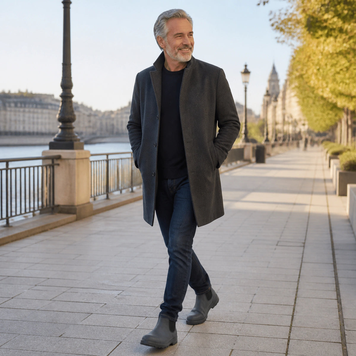 ankle boots — Mature man wearing slate gray Chelsea boots in a city setting — view 8