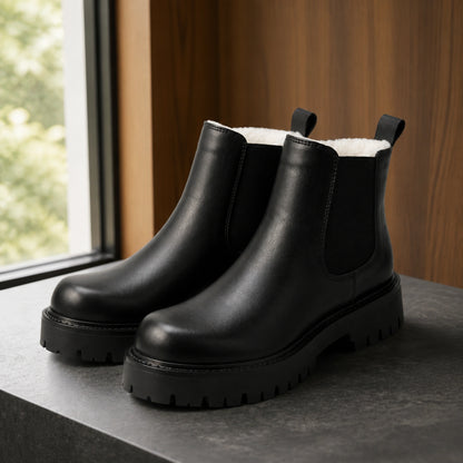 ankle boots — Black fleece lined chunky Chelsea boots complete pair front view