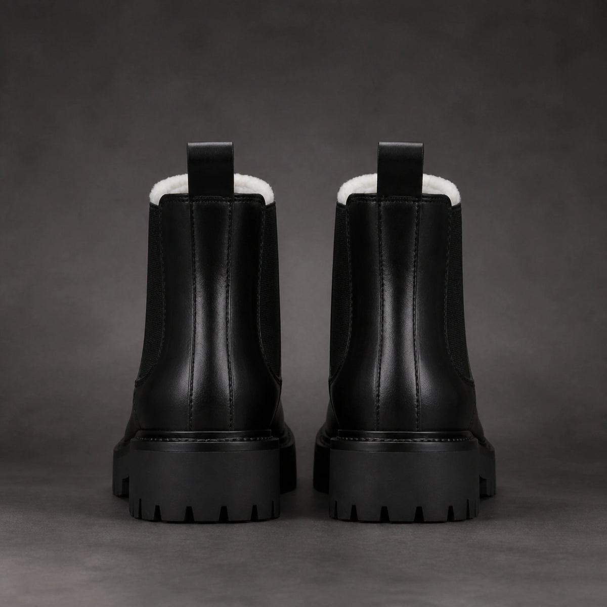 ankle boots — Black fleece lined chunky Chelsea boots direct rear view — view 3