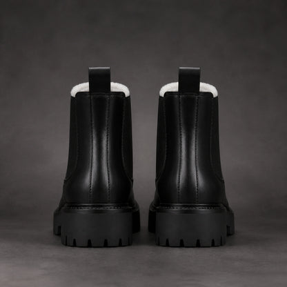 ankle boots — Black fleece lined chunky Chelsea boots direct rear view — view 3