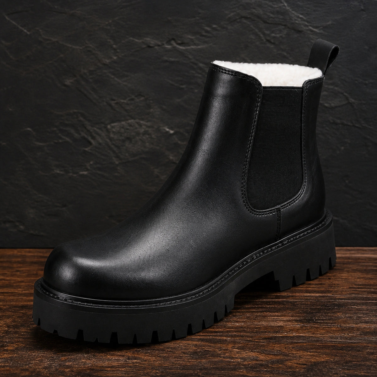 ankle boots — Black chunky Chelsea boot fleece lining, elastic gore and lug sole detail — view 4