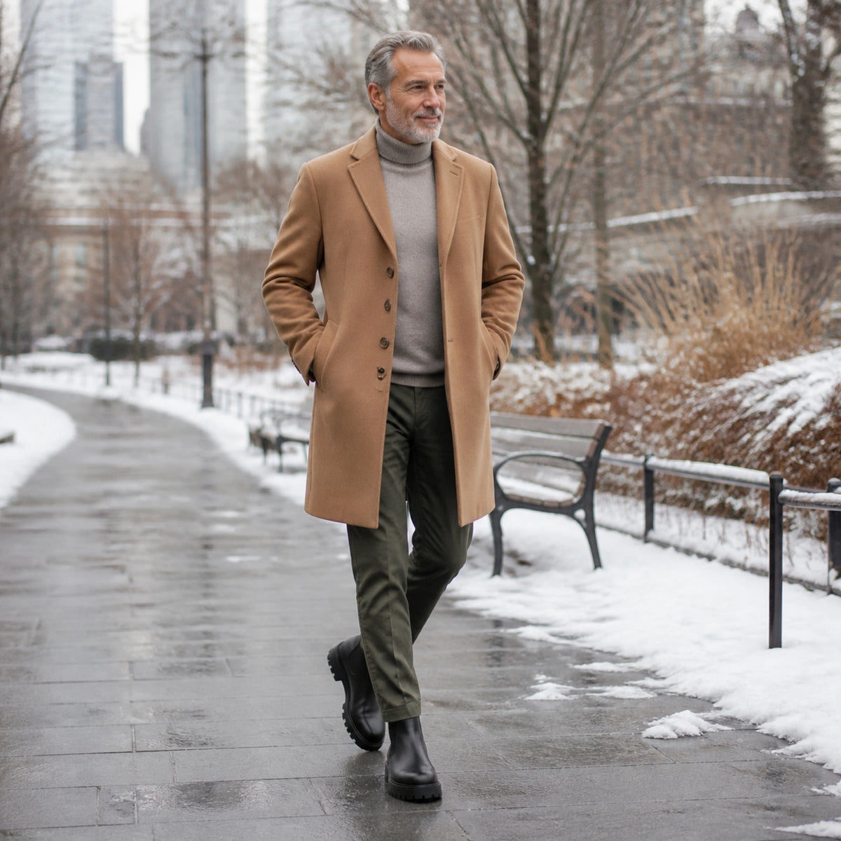 ankle boots — Mature man wearing black fleece lined Chelsea boots in a winter park — view 6