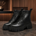 Black chunky platform combat ankle boots complete pair front view