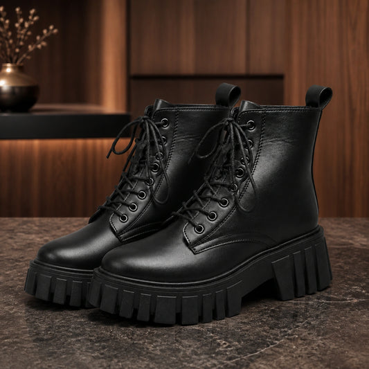 Black chunky platform combat ankle boots complete pair front view