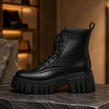 ankle boots — Black chunky platform combat ankle boot true side profile — view 3