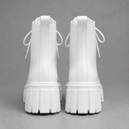 White chunky platform combat ankle boots direct rear view — view 4