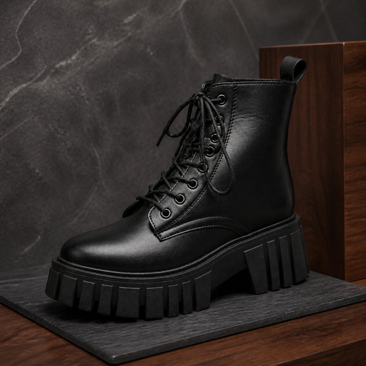 ankle boots — Black combat ankle boot lacing, upper and segmented lug detail — view 5