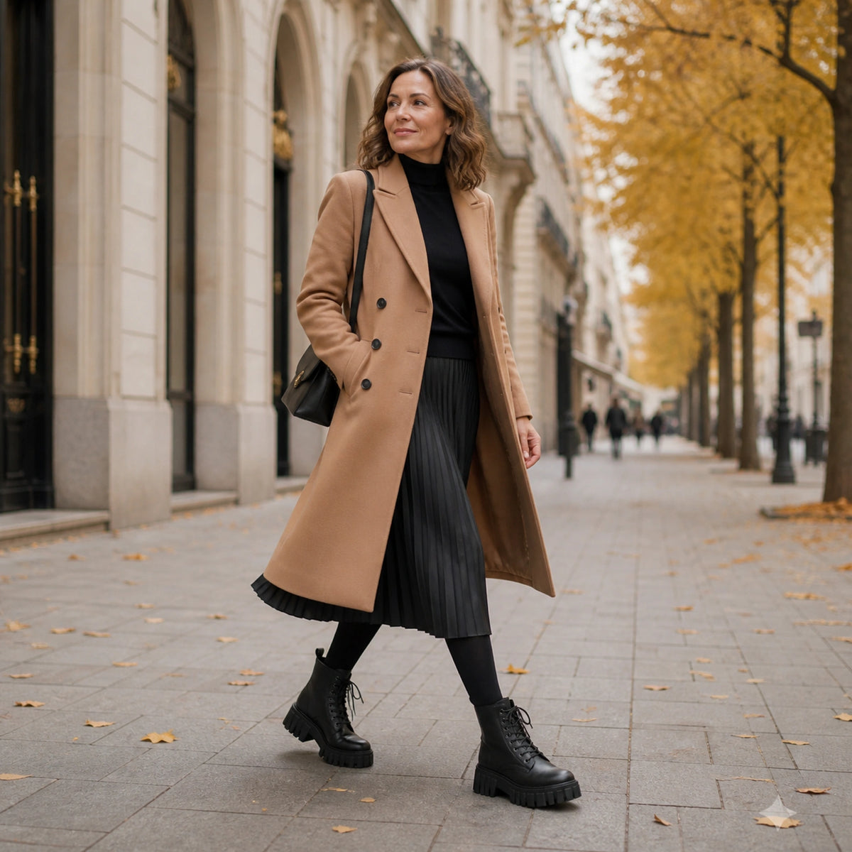ankle boots — Mature woman wearing black chunky combat boots on an autumn city street — view 6