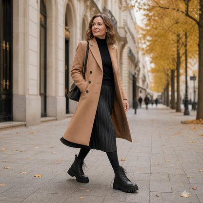 ankle boots — Mature woman wearing black chunky combat boots on an autumn city street — view 6