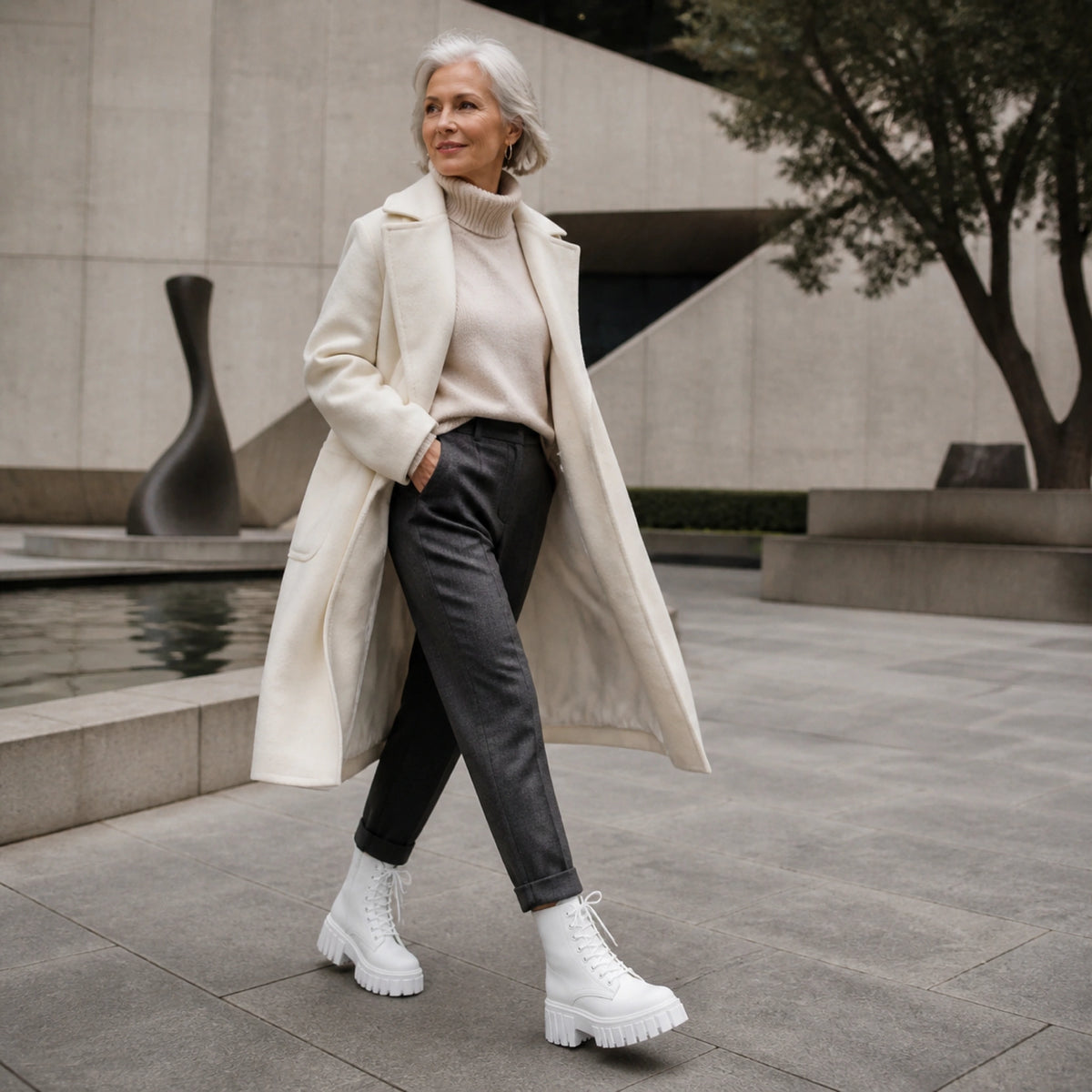ankle boots — Mature woman wearing white chunky combat boots in a contemporary courtyard — view 7