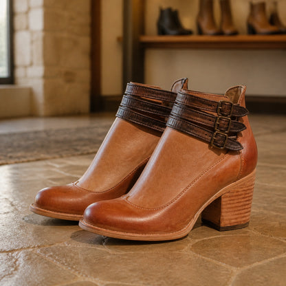 Cognac smooth triple buckle cutout block heel ankle boots complete pair front view — view 2