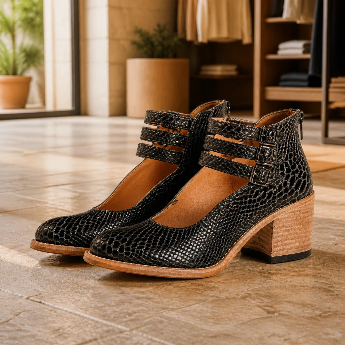 Black reptile texture triple buckle cutout ankle boots complete pair front view — view 3