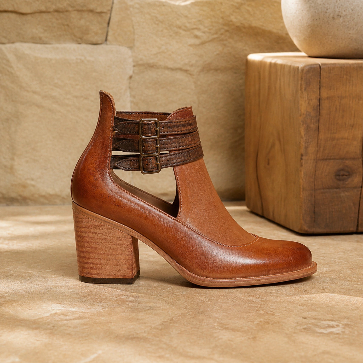 ankle boots — Cognac triple buckle cutout ankle boot true outer side profile — view 7