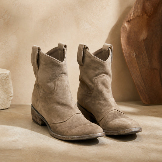 Taupe ruched suede Western ankle boots complete pair front view