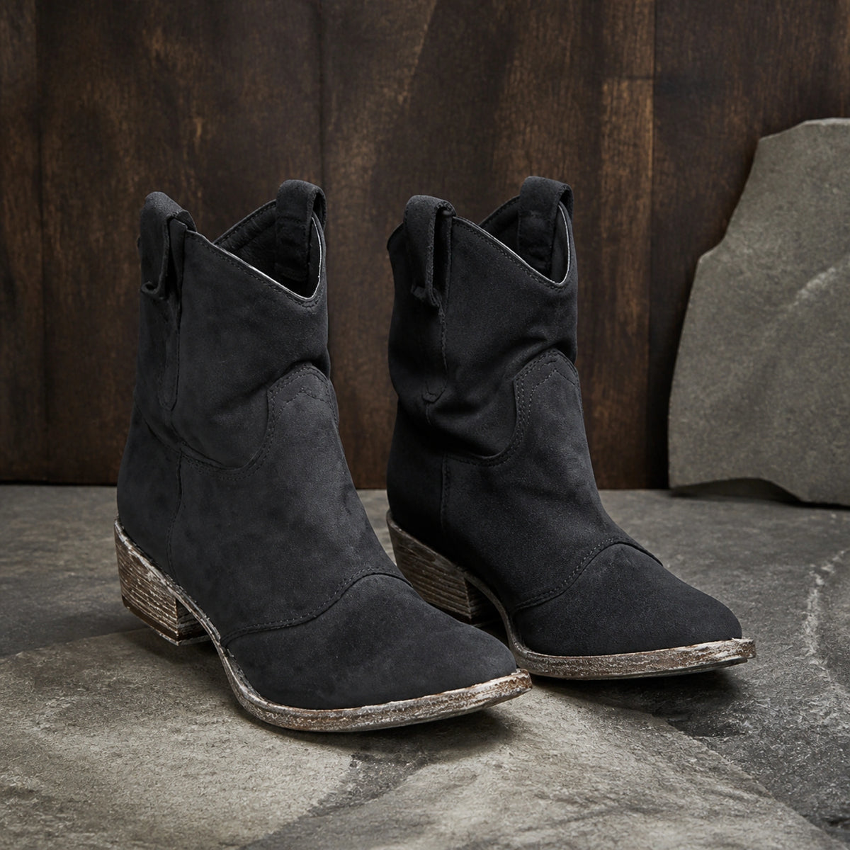 Black ruched suede Western ankle boots complete pair front view — view 2