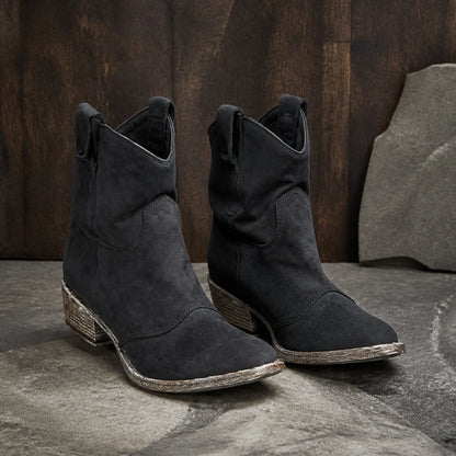 Black ruched suede Western ankle boots complete pair front view — view 2