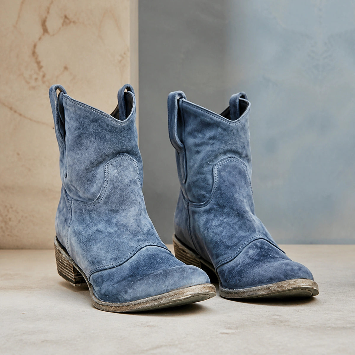 Dusty blue ruched suede Western ankle boots complete pair front view — view 3