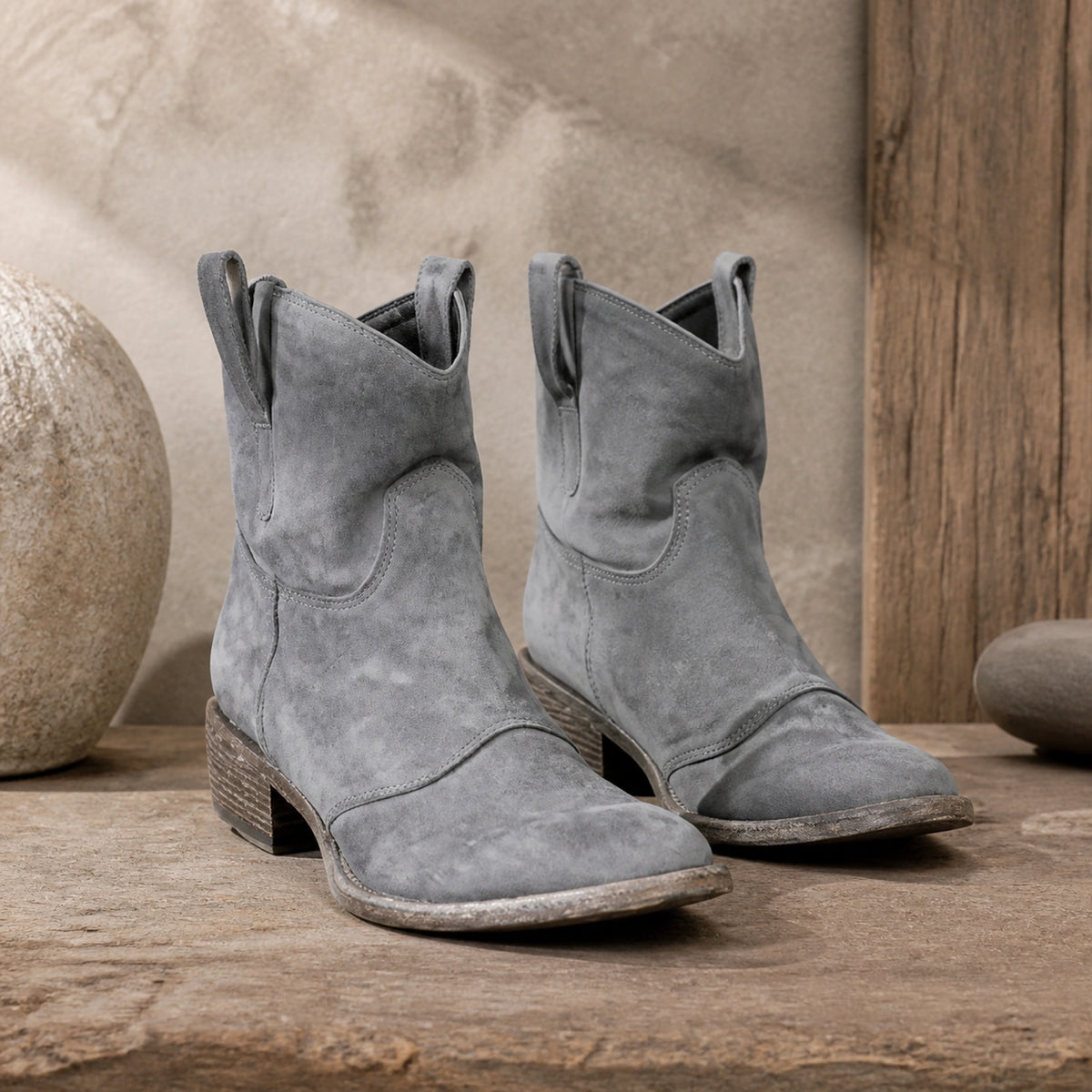 Gray ruched suede Western ankle boots complete pair front view — view 4