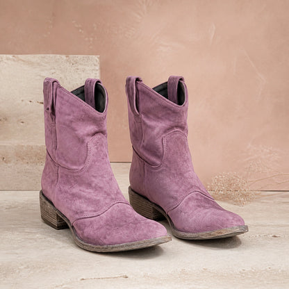 Dusty pink ruched suede Western ankle boots complete pair front view — view 5