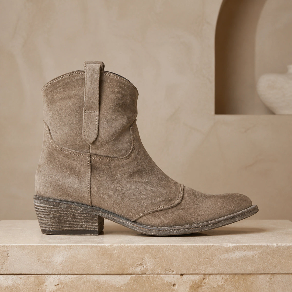 ankle boots — Taupe Western ankle boot true side profile — view 6